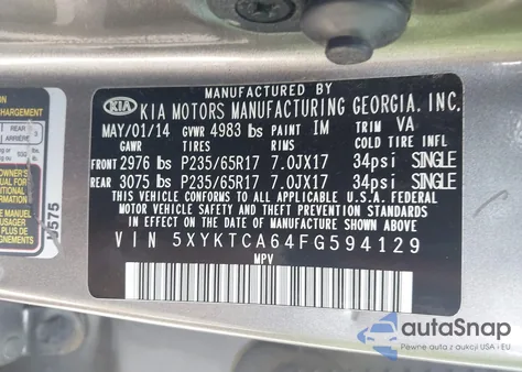 2015 Kia Sorento Lx z USA, uszkodzony, nr VIN 5XYKTCA64FG594129